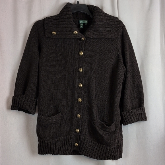 Lauren Ralph Lauren Chocolate Cardigan/Shaket 3/4 Sleeve with Gold Accents - Picture 6 of 7